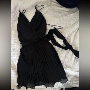 Black Pleated Wrap Midi Dress